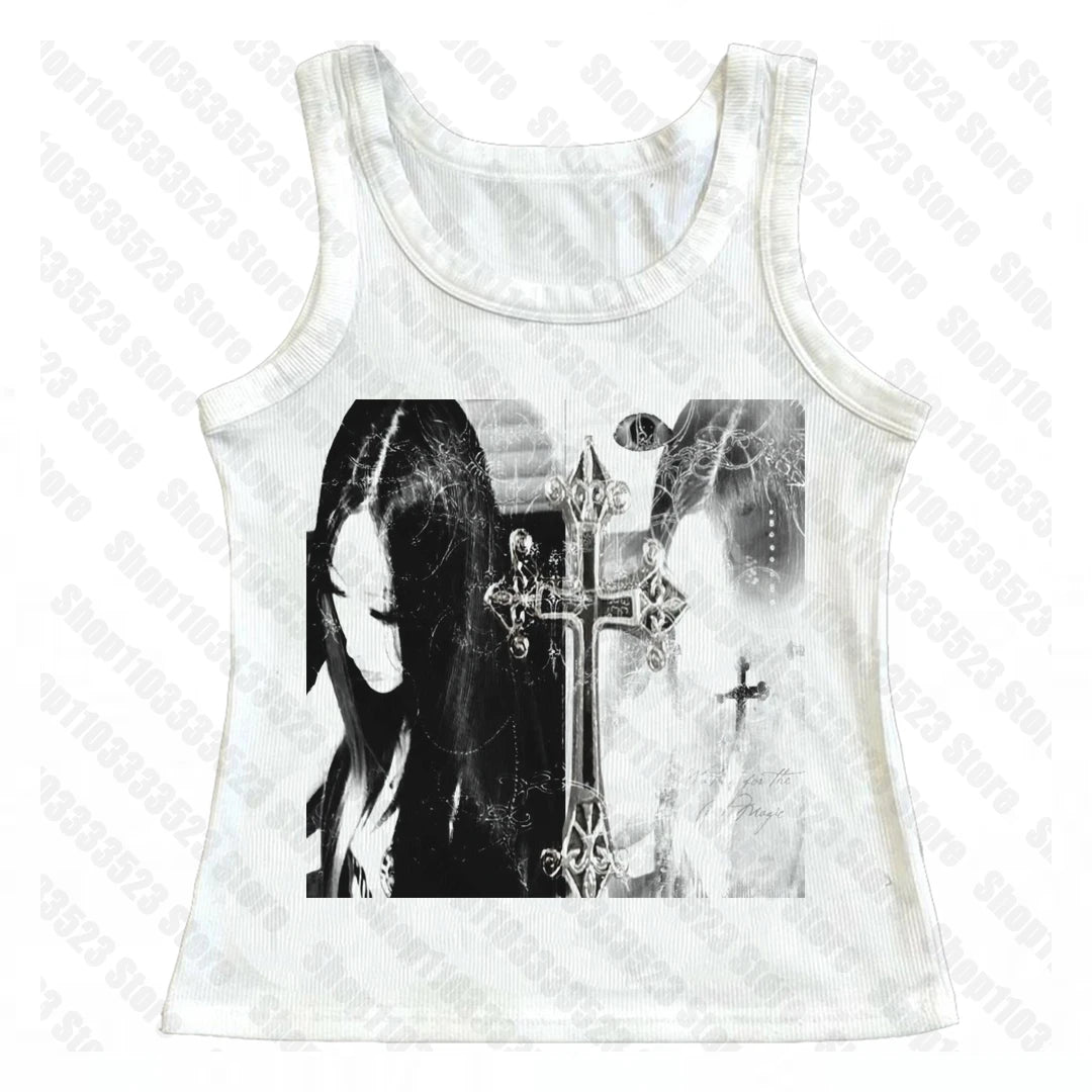 Sexy Corset Punk Grunge Camisole Top Aesthetic Streetwear Women's Print Crop Top Y2k Clothes Emo Girl Sleeveless Tank Top emo