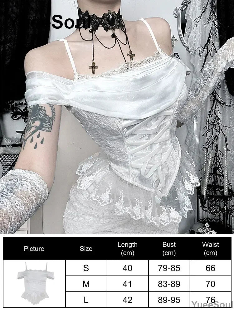 Gothic Lace Mesh Crop Tops Black Sexy Spaghetti Strap Corset Tops Goth Punk Grunge Fairy Core Halloween Y2K Aesthetic Clothes