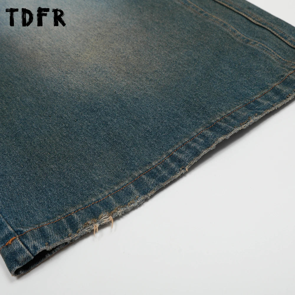 Button Bermuda Denim Shorts Mens Summer Retro Streetwear Dirty Washed Baggy Wide Leg Jorts Man