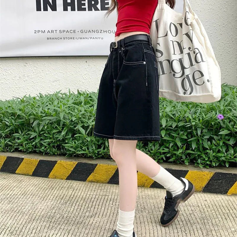 Black Shorts Jeans Women 2025 Summer Baggy Y2K Fashion Straight Denim Short Pants Woman Vintage Streetwear Loose Jean Shorts