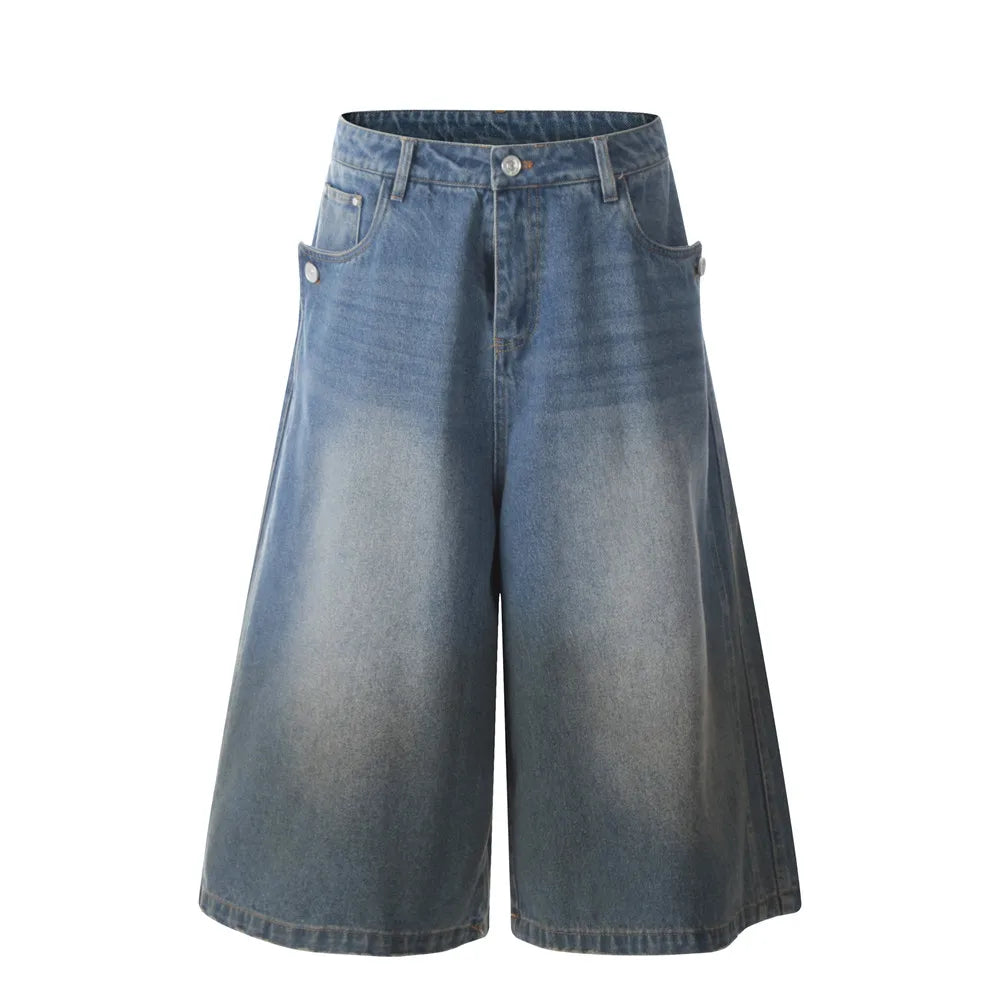 Button Bermuda Denim Shorts Mens Summer Retro Streetwear Dirty Washed Baggy Wide Leg Jorts Man