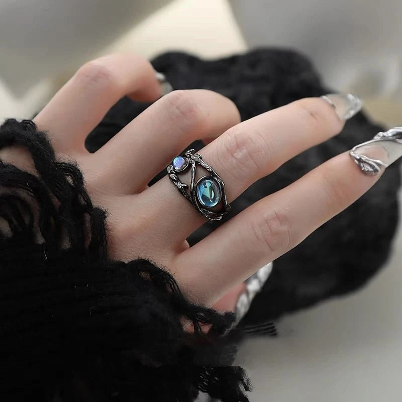 Punk Geometry Moonstone Open Dark Metal Ring For Women Girls Fashion Vintage Jewelry Y2K EMO Grunge EMO Accessories