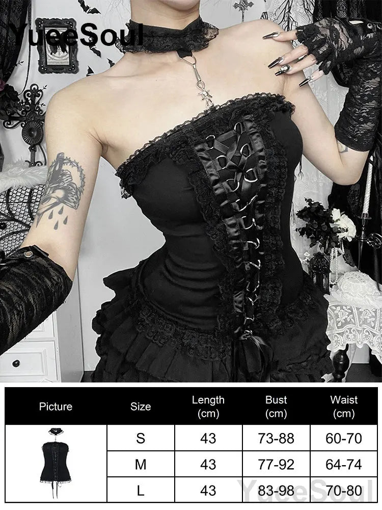 Gothic Lace Mesh Crop Tops Black Sexy Spaghetti Strap Corset Tops Goth Punk Grunge Fairy Core Halloween Y2K Aesthetic Clothes