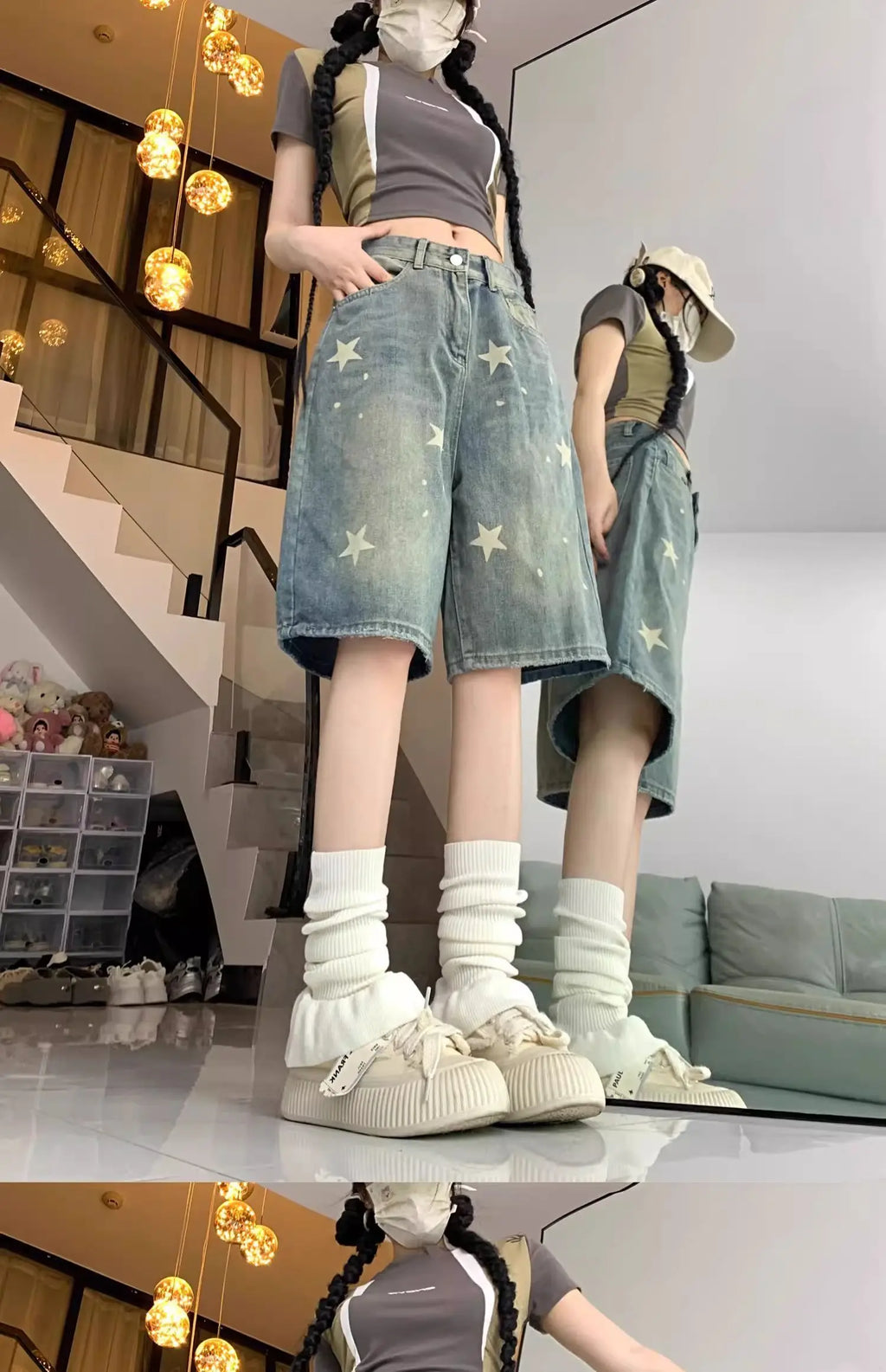 Casual Floral Loose Wide Leg Womens Jeans Retro Star Design Straight Leg Comfort Soft Denim Shorts