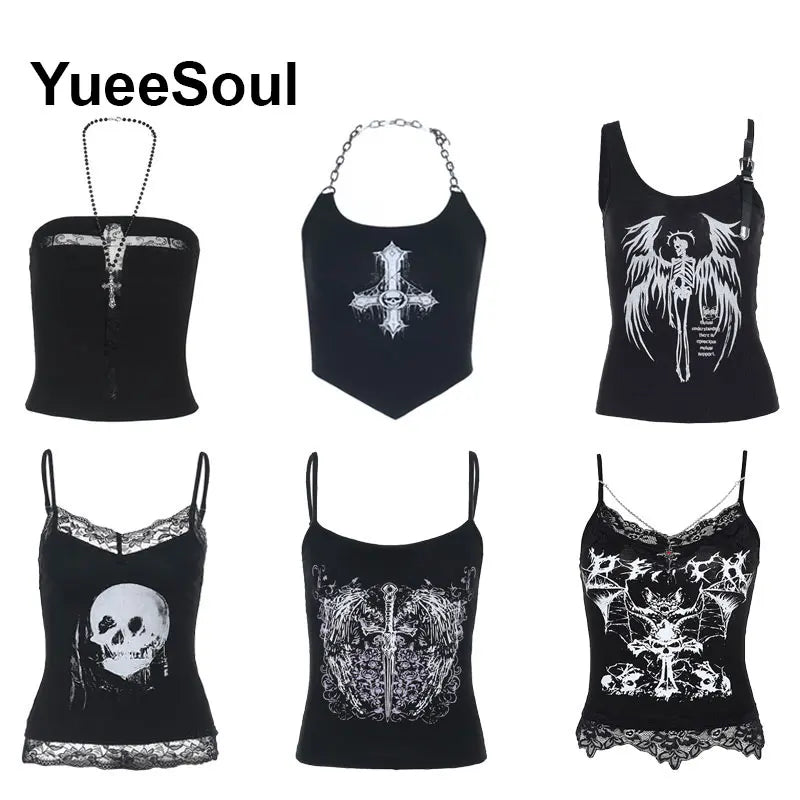 Gothic Lace Mesh Crop Tops Black Sexy Spaghetti Strap Corset Tops Goth Punk Grunge Fairy Core Halloween Y2K Aesthetic Clothes