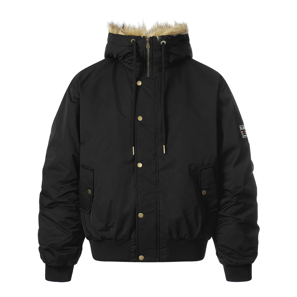 2025 Winter Vintage Thick Jackets Men‘s Fur Collar Warm Hooded Parkas Jacket Y2K Cotton Padded Coats Hip Hop Streetwear