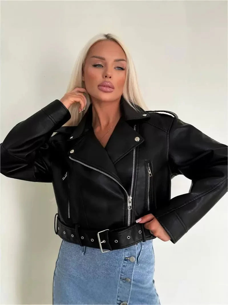 Women Oversized Vintage Loose Pu Faux Leather Short Jacket with Belt Streetwear Female Zipper Retro Moto Biker Coat Outwear