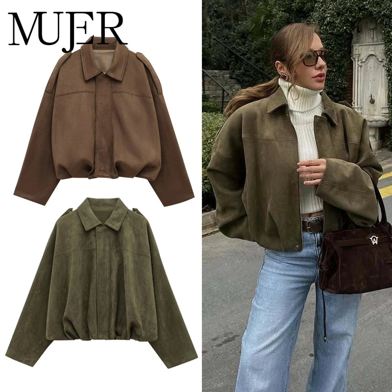 MUJER 2025 Suede Bomber Jackets for Women Outerwears Oversized Jacket Woman Streetwear Zip Women's Coats Padded Varsity Jackets