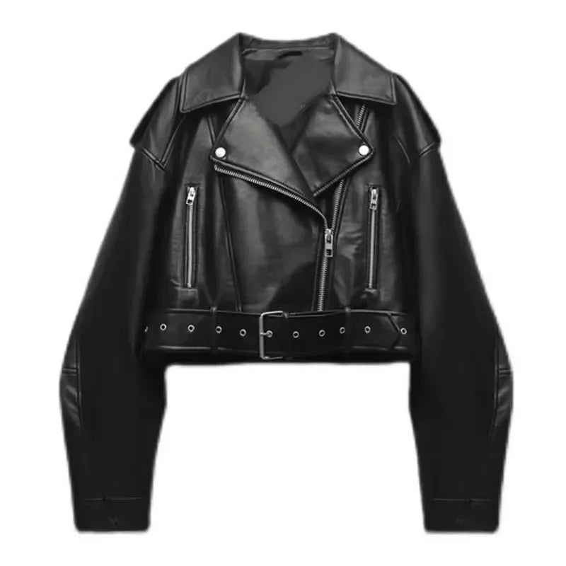 Women Oversized Vintage Loose Pu Faux Leather Short Jacket with Belt Streetwear Female Zipper Retro Moto Biker Coat Outwear