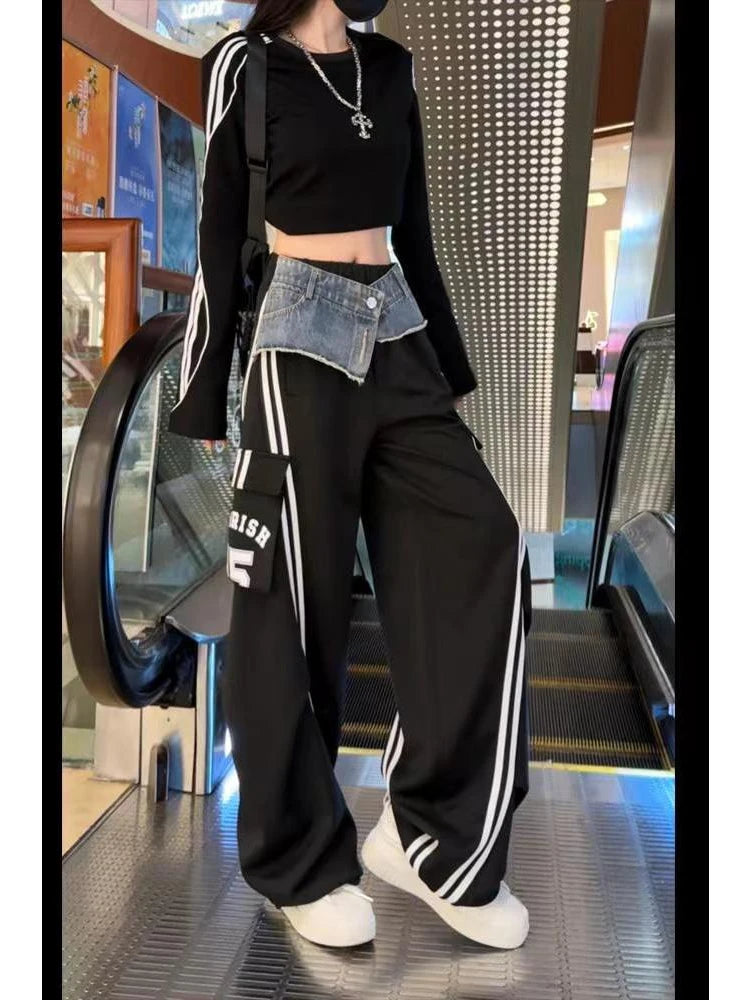 Women Black Gothic Pants with Skirt Baggy Emo Parachute Pants Harajuku Japanese 2000s Style Y2k Vintage Trousers Fashion Clothes