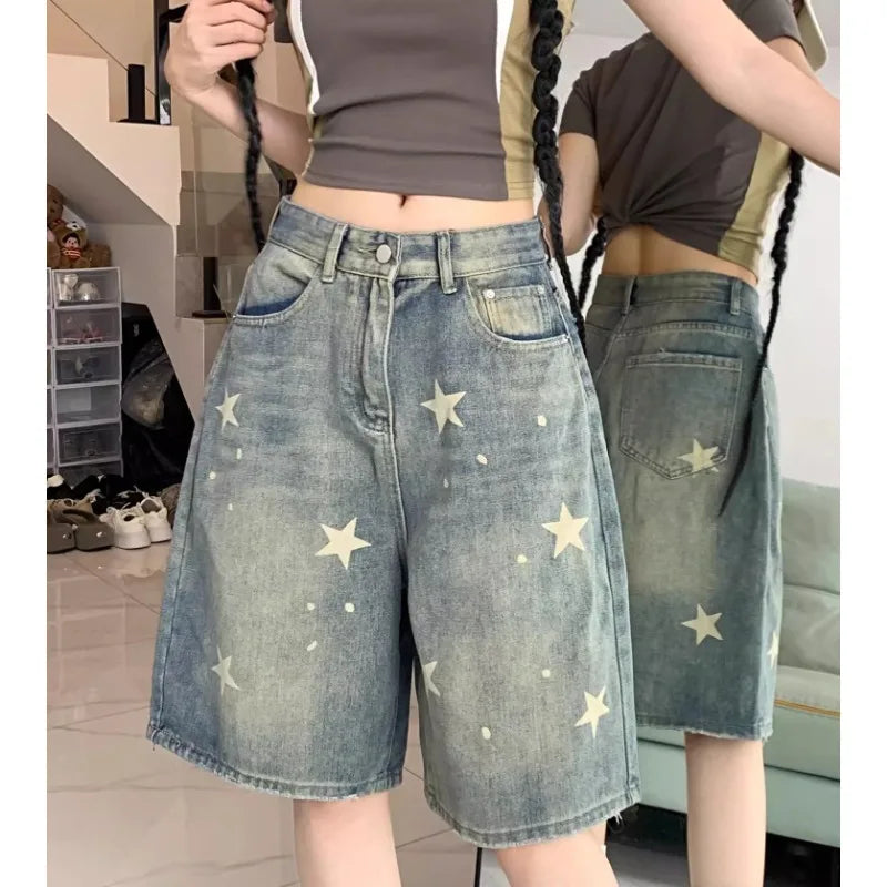 Casual Floral Loose Wide Leg Womens Jeans Retro Star Design Straight Leg Comfort Soft Denim Shorts
