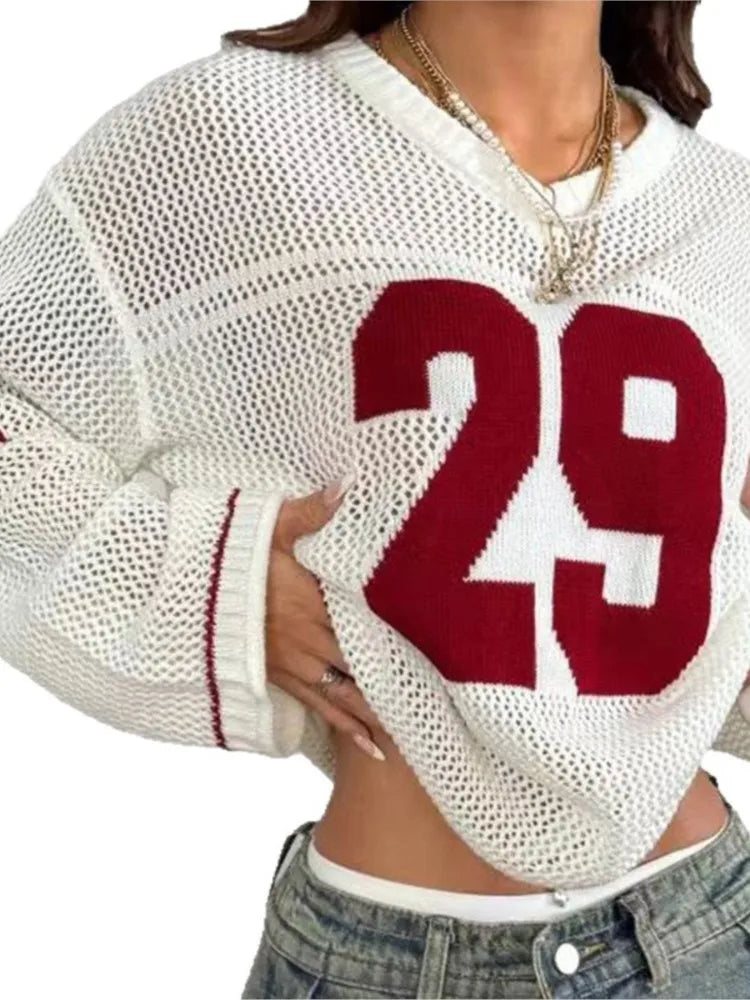 Y2K Fashion Mesh Hollow Out Knitted Pullover Letter Printing Loose Top Women V Neck Long Sleeve Sport Street Summer Sweater