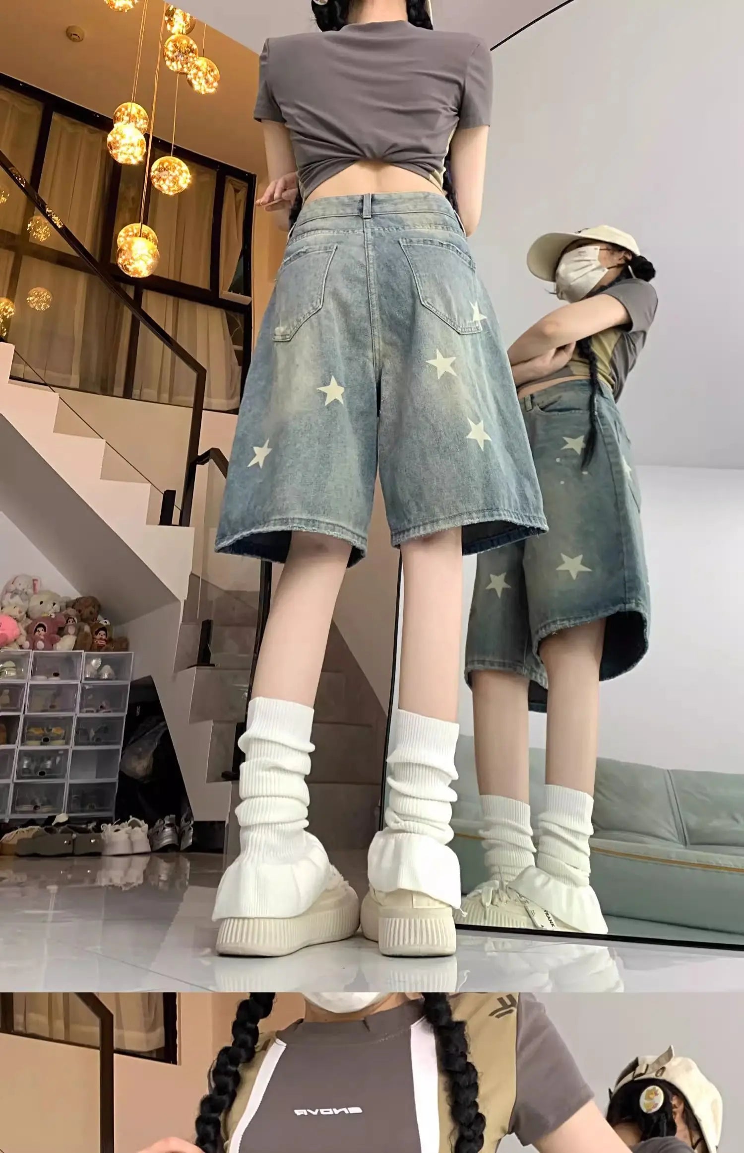 Casual Floral Loose Wide Leg Womens Jeans Retro Star Design Straight Leg Comfort Soft Denim Shorts