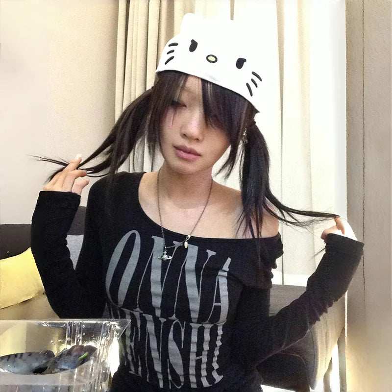 Karrcat Grunge Aesthetics Letter Print Crop Top Trashy Y2k Style Long Sleeve T-shirt Gothic Black Irregular Tops Vintage Punk