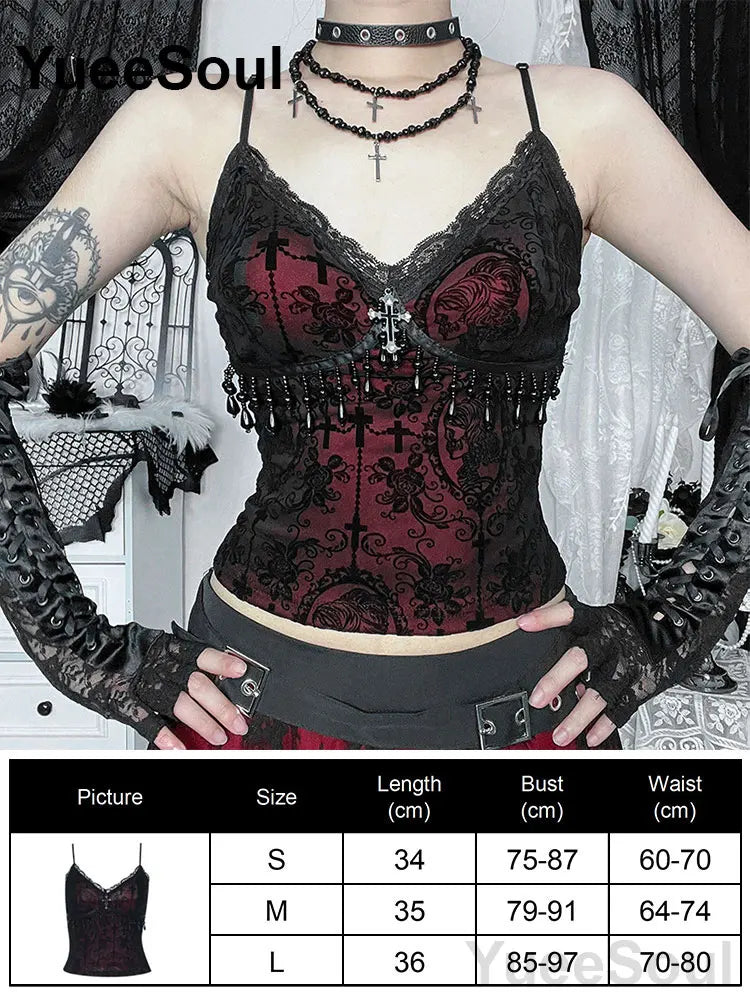 Gothic Lace Mesh Crop Tops Black Sexy Spaghetti Strap Corset Tops Goth Punk Grunge Fairy Core Halloween Y2K Aesthetic Clothes