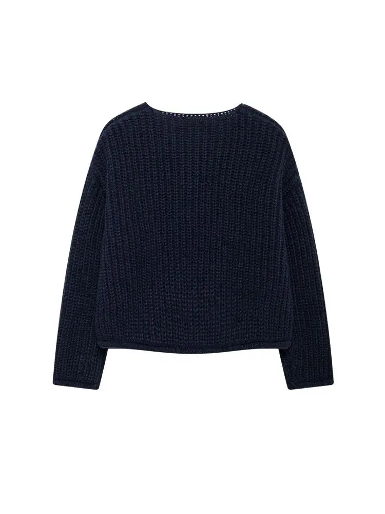 Women's Long Sleeve Knit Cardigan Sweater, Gold Buttons, Front Patch Pockets, O Neck, Female Outerwear, Chic Tops, Fashion