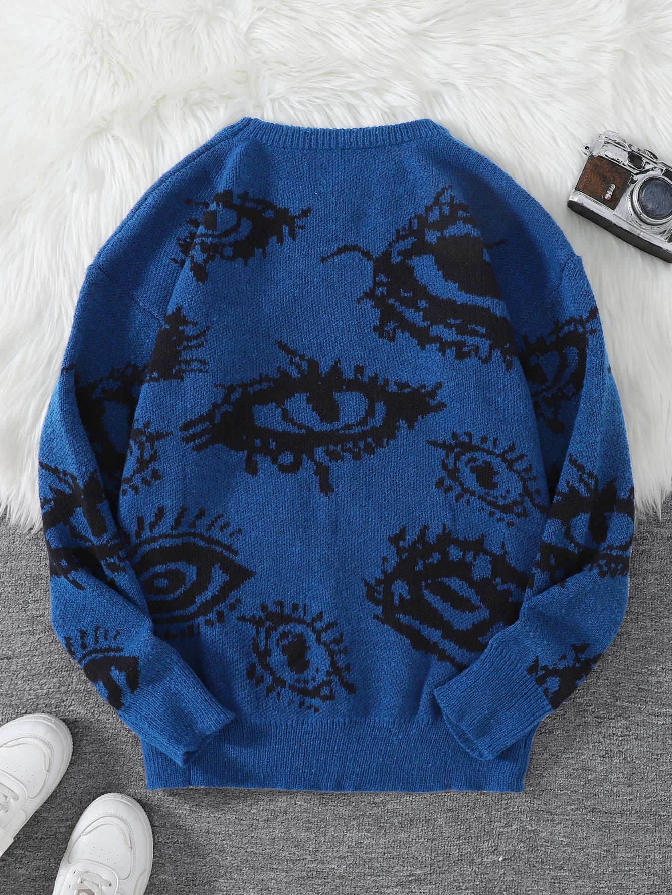 New Popular Autumn and Winter Abstract Eye Jacquard Pattern Pullover Sweater Casual Round Neck Knitted Men's Pullover