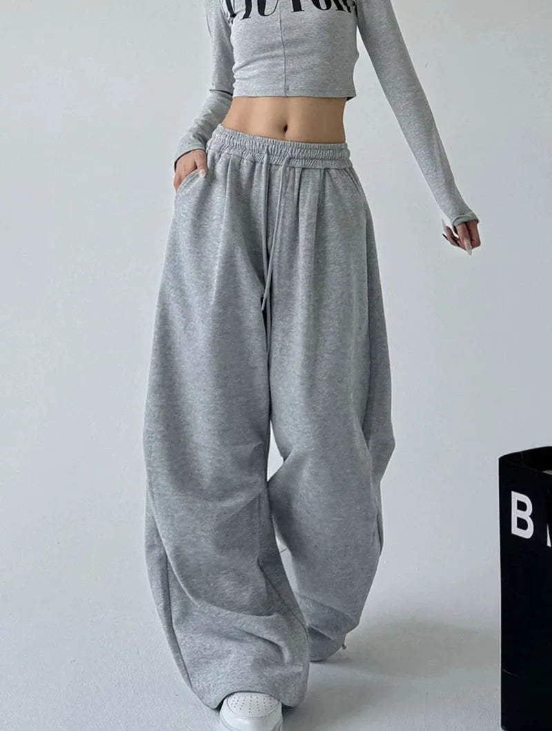2025 New Harajuku Wide Leg Sweatpants Women Streetwear Baggy Oversize Gray Sports Pants Woman Drawstring Casual Joggers Trousers