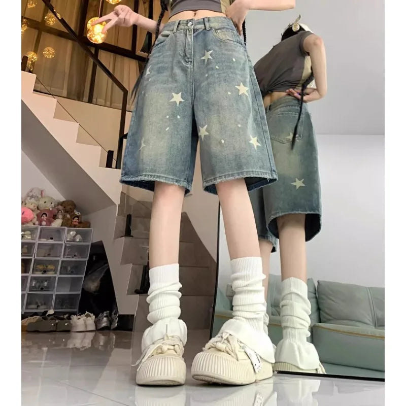 Casual Floral Loose Wide Leg Womens Jeans Retro Star Design Straight Leg Comfort Soft Denim Shorts