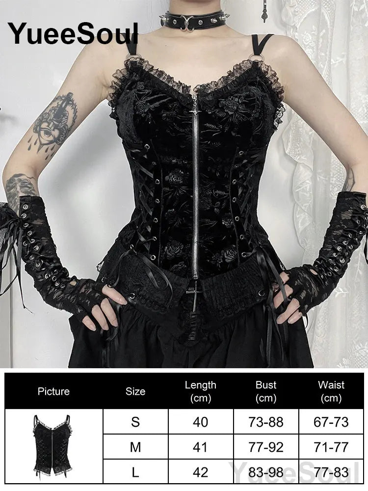 Gothic Lace Mesh Crop Tops Black Sexy Spaghetti Strap Corset Tops Goth Punk Grunge Fairy Core Halloween Y2K Aesthetic Clothes