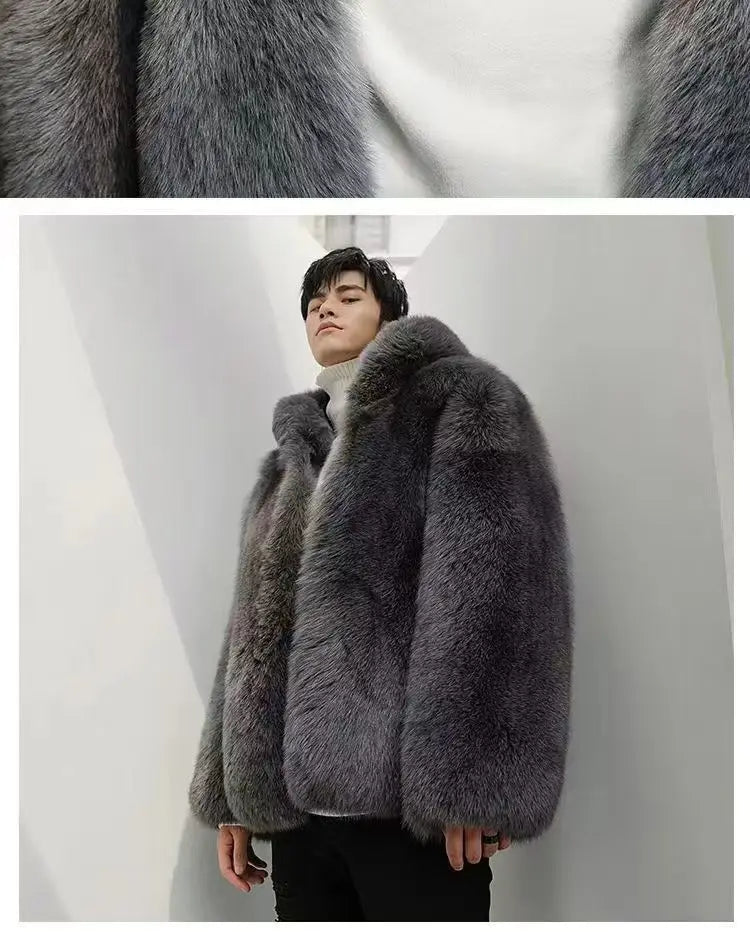 Autumn Winter New Men Fox Fur Hooded Coat  Fashion Light Luxury  Warm Coat Thickened Comfortable Fur Coat Men Brown Fake Fur