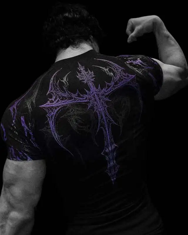 GYM T-shirt Men's Dark Gothic Print Muscle Tee  High Elasticity And Quick Drying Exercise For Bodybuilding Training 2025 Summer