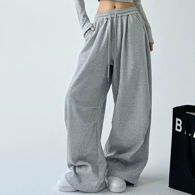 2025 New Harajuku Wide Leg Sweatpants Women Streetwear Baggy Oversize Gray Sports Pants Woman Drawstring Casual Joggers Trousers