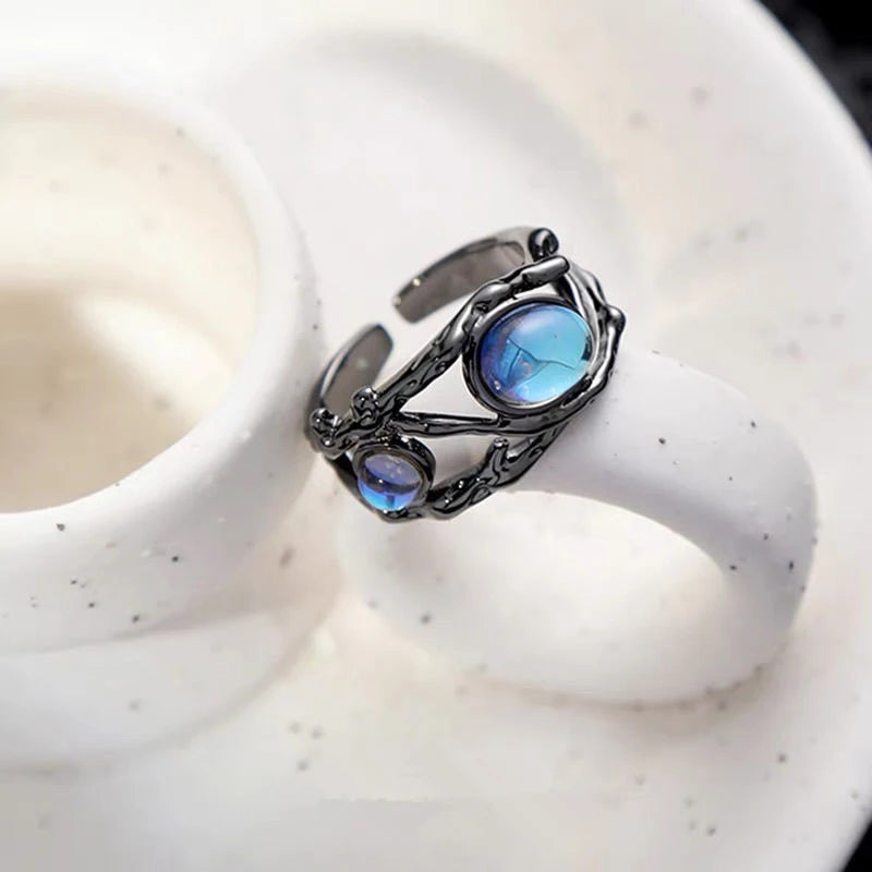 Punk Geometry Moonstone Open Dark Metal Ring For Women Girls Fashion Vintage Jewelry Y2K EMO Grunge EMO Accessories