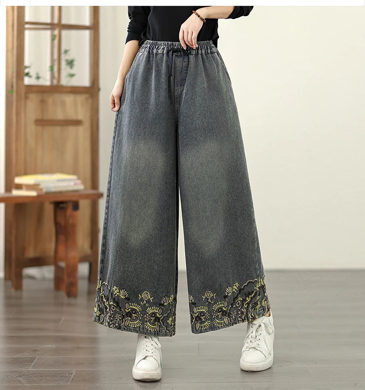 Denim Wide-leg Pants For Women 2025 Autumn Embroidery Elastic Waist Loose And Oversized Casual Denim Straight Pants
