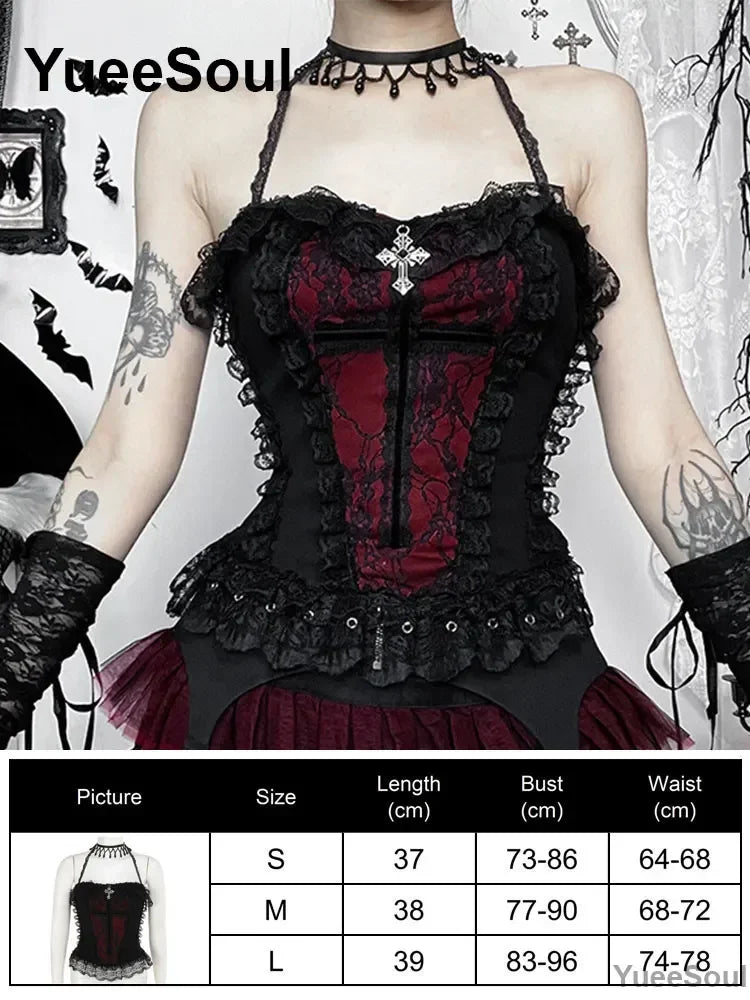 Gothic Lace Mesh Crop Tops Black Sexy Spaghetti Strap Corset Tops Goth Punk Grunge Fairy Core Halloween Y2K Aesthetic Clothes