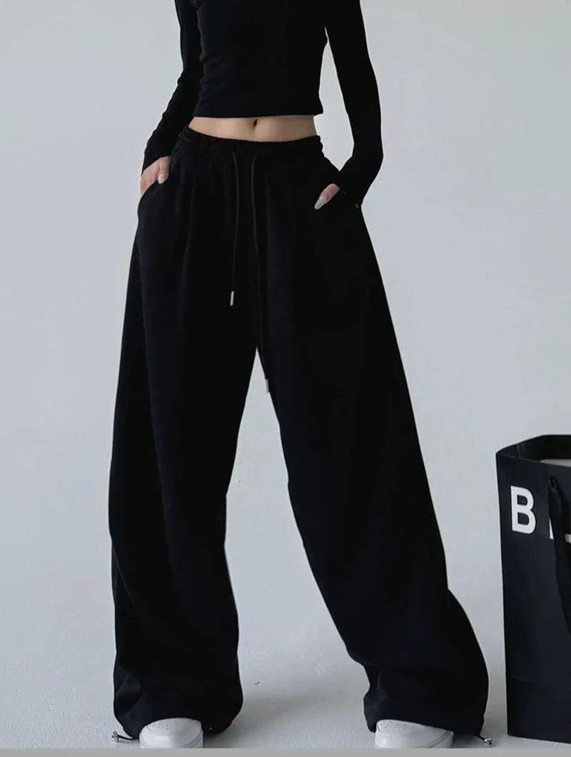 2025 New Harajuku Wide Leg Sweatpants Women Streetwear Baggy Oversize Gray Sports Pants Woman Drawstring Casual Joggers Trousers