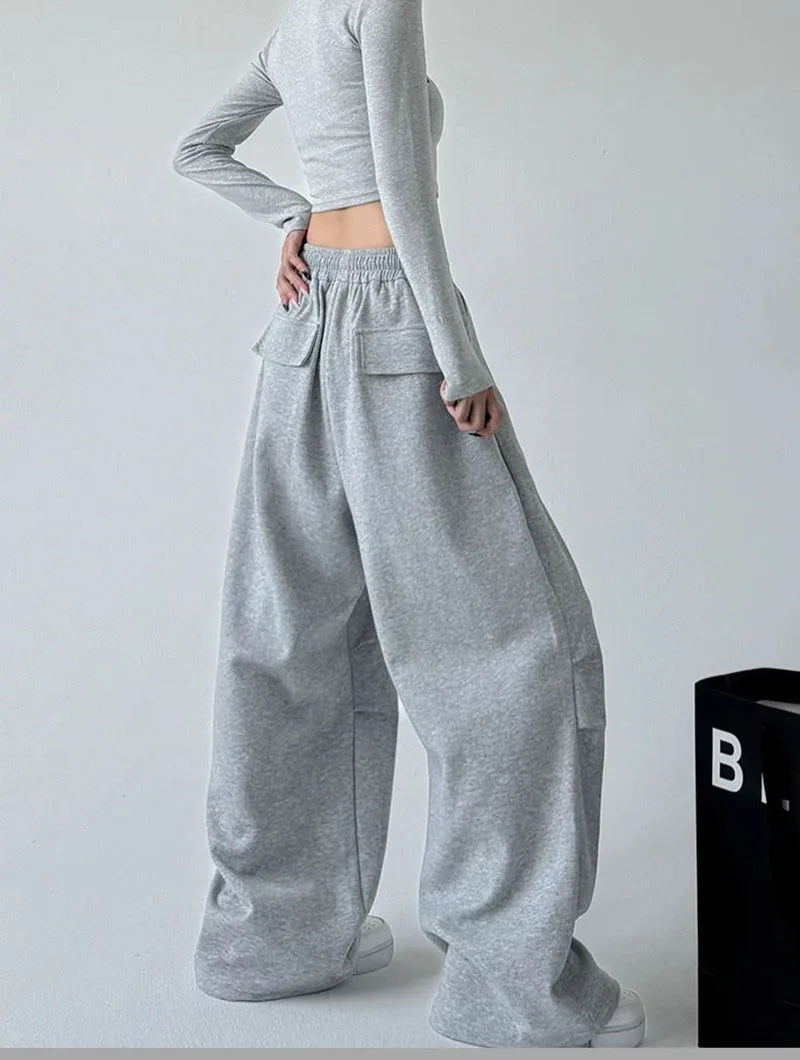 2025 New Harajuku Wide Leg Sweatpants Women Streetwear Baggy Oversize Gray Sports Pants Woman Drawstring Casual Joggers Trousers