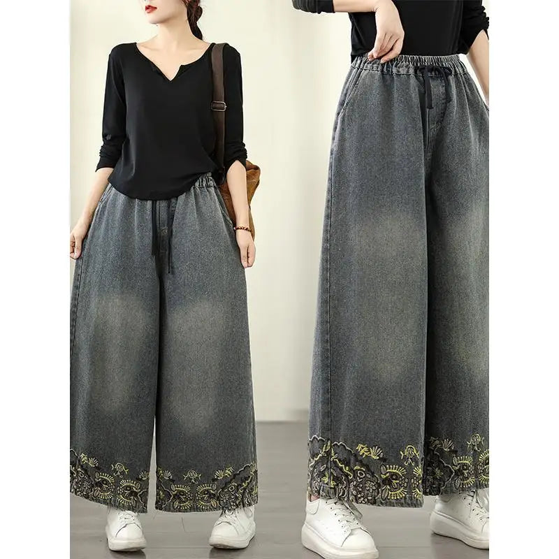Denim Wide-leg Pants For Women 2025 Autumn Embroidery Elastic Waist Loose And Oversized Casual Denim Straight Pants