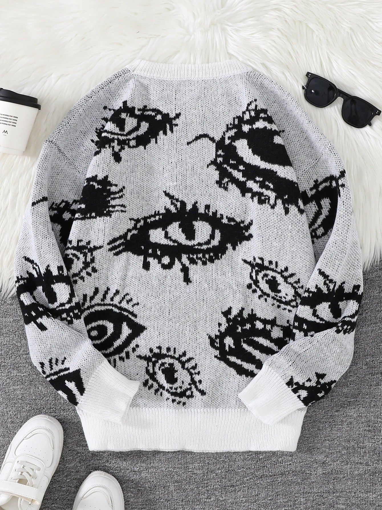 New Popular Autumn and Winter Abstract Eye Jacquard Pattern Pullover Sweater Casual Round Neck Knitted Men's Pullover