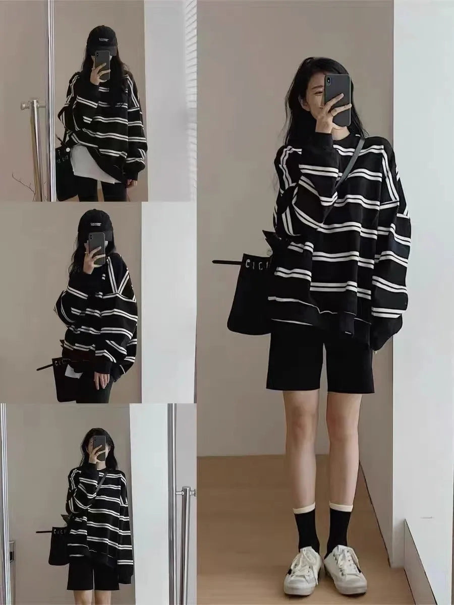 Retro Striped Sweatshirt Women Oversized Round Neck American Classic Loose Fit Long Sleeve Casual Mid To Long Length Top Lazy