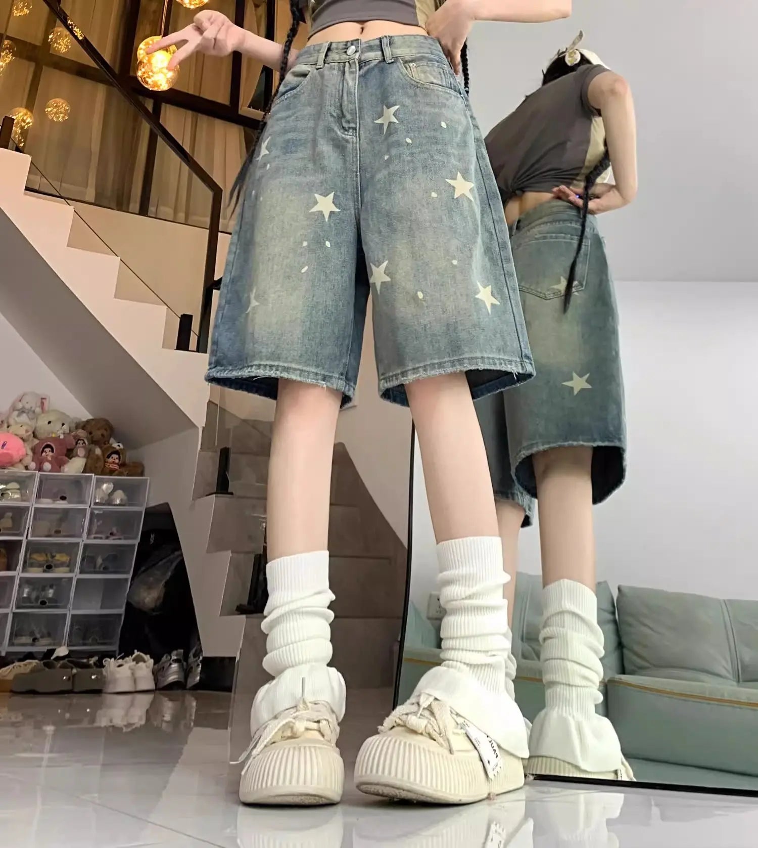 Casual Floral Loose Wide Leg Womens Jeans Retro Star Design Straight Leg Comfort Soft Denim Shorts