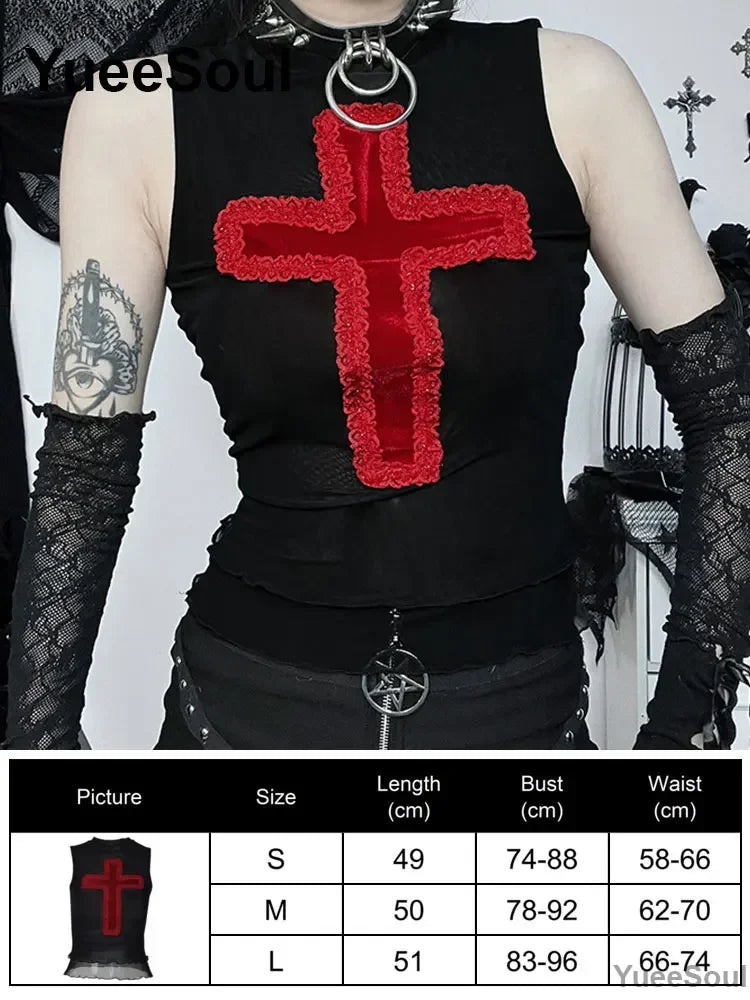 Gothic Lace Mesh Crop Tops Black Sexy Spaghetti Strap Corset Tops Goth Punk Grunge Fairy Core Halloween Y2K Aesthetic Clothes