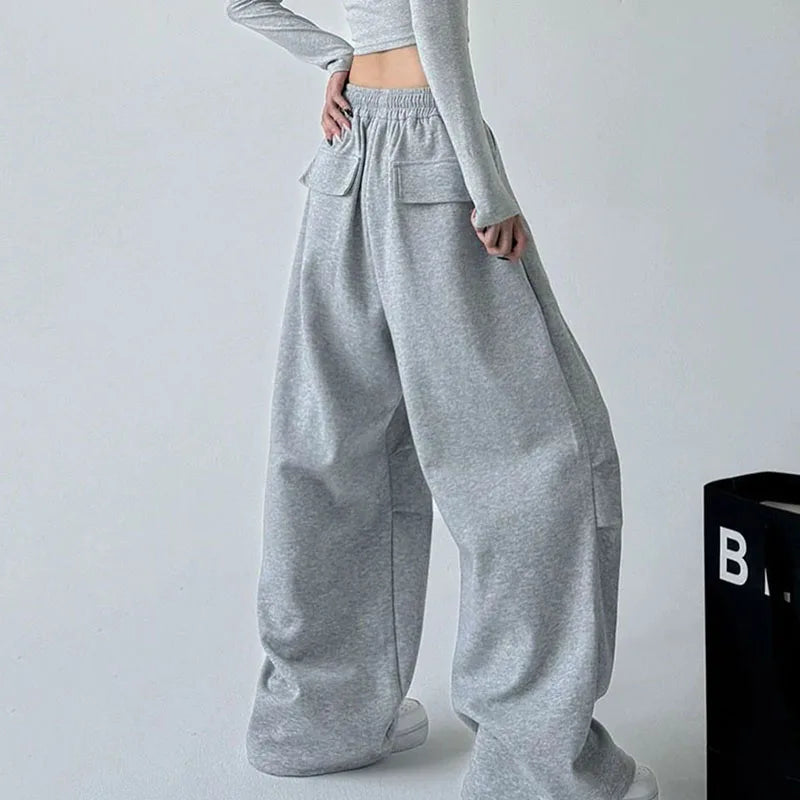 2025 New Harajuku Wide Leg Sweatpants Women Streetwear Baggy Oversize Gray Sports Pants Woman Drawstring Casual Joggers Trousers