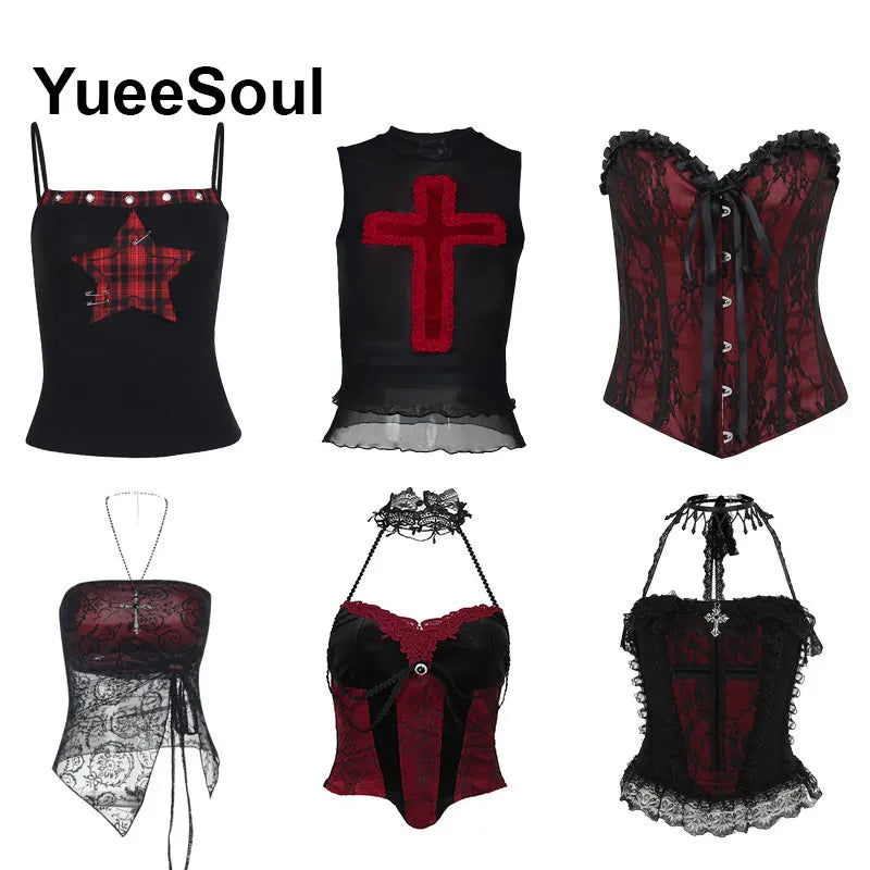 Gothic Lace Mesh Crop Tops Black Sexy Spaghetti Strap Corset Tops Goth Punk Grunge Fairy Core Halloween Y2K Aesthetic Clothes