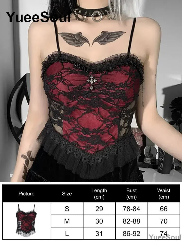 Gothic Lace Mesh Crop Tops Black Sexy Spaghetti Strap Corset Tops Goth Punk Grunge Fairy Core Halloween Y2K Aesthetic Clothes