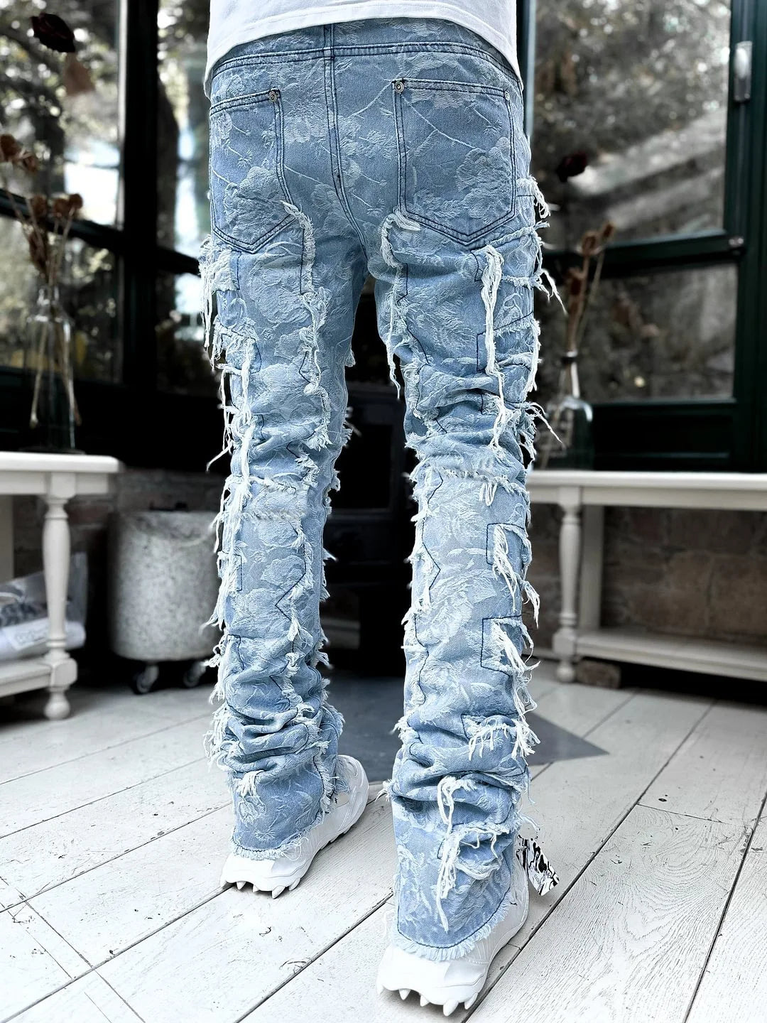 Fashion Stretch Patch Mens Jeans Patchwork Creative Tassels Decoration Straight Denim Trousers for Men Hip Hop Jean Pants