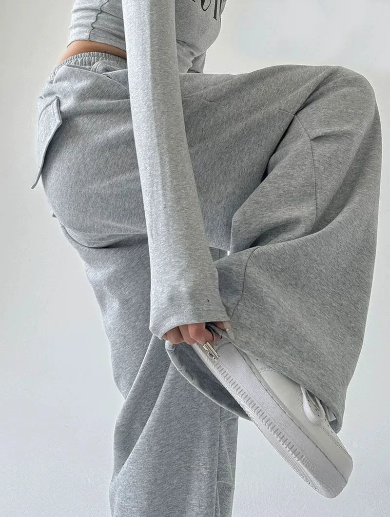 2025 New Harajuku Wide Leg Sweatpants Women Streetwear Baggy Oversize Gray Sports Pants Woman Drawstring Casual Joggers Trousers