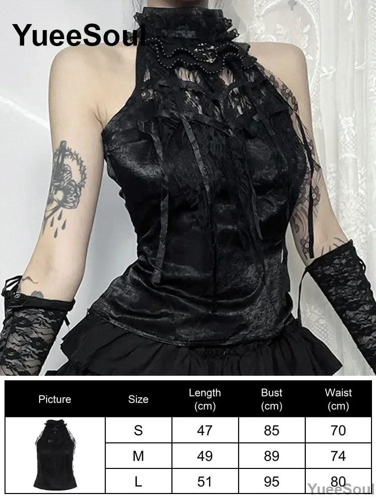 Gothic Lace Mesh Crop Tops Black Sexy Spaghetti Strap Corset Tops Goth Punk Grunge Fairy Core Halloween Y2K Aesthetic Clothes
