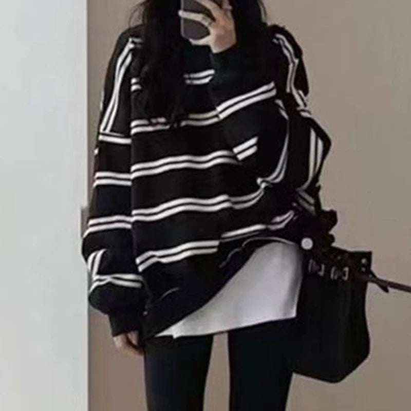 Retro Striped Sweatshirt Women Oversized Round Neck American Classic Loose Fit Long Sleeve Casual Mid To Long Length Top Lazy