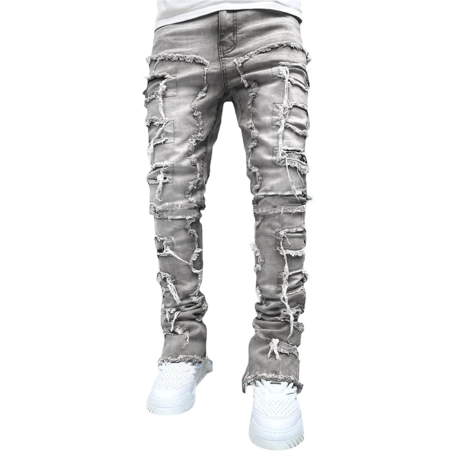 Fashion Stretch Patch Mens Jeans Patchwork Creative Tassels Decoration Straight Denim Trousers for Men Hip Hop Jean Pants