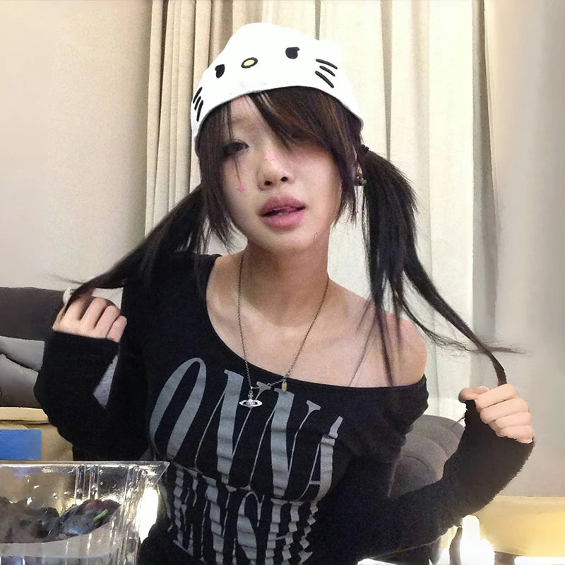 Karrcat Grunge Aesthetics Letter Print Crop Top Trashy Y2k Style Long Sleeve T-shirt Gothic Black Irregular Tops Vintage Punk