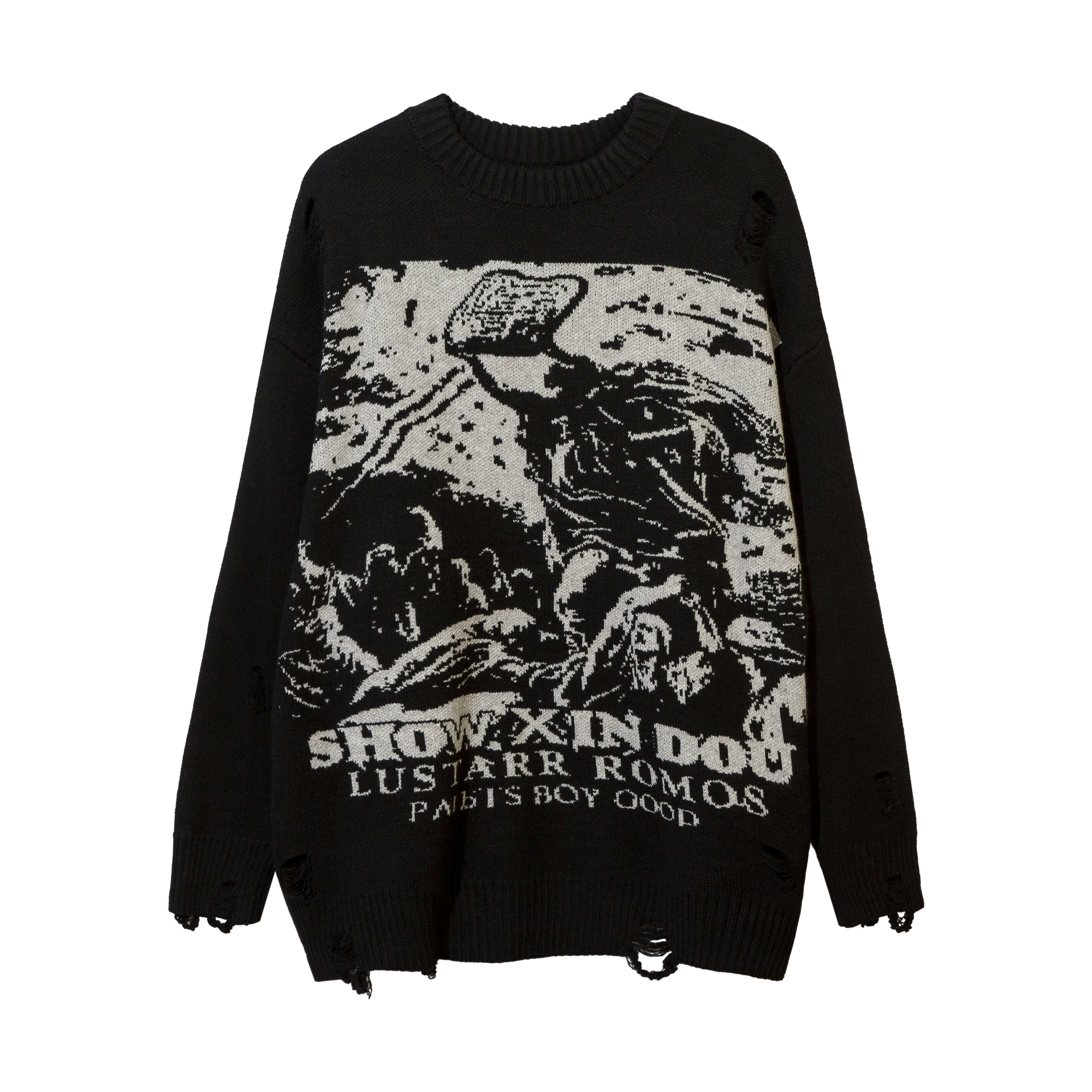 Harajuku Priest Salvation Printed Knitwears Women Streetwear Hip Hop Destroyed Hole Ripped Pullovers Jumper Oversized Men