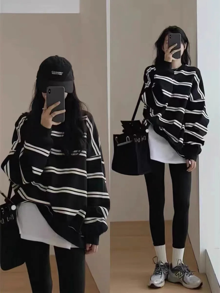 Retro Striped Sweatshirt Women Oversized Round Neck American Classic Loose Fit Long Sleeve Casual Mid To Long Length Top Lazy