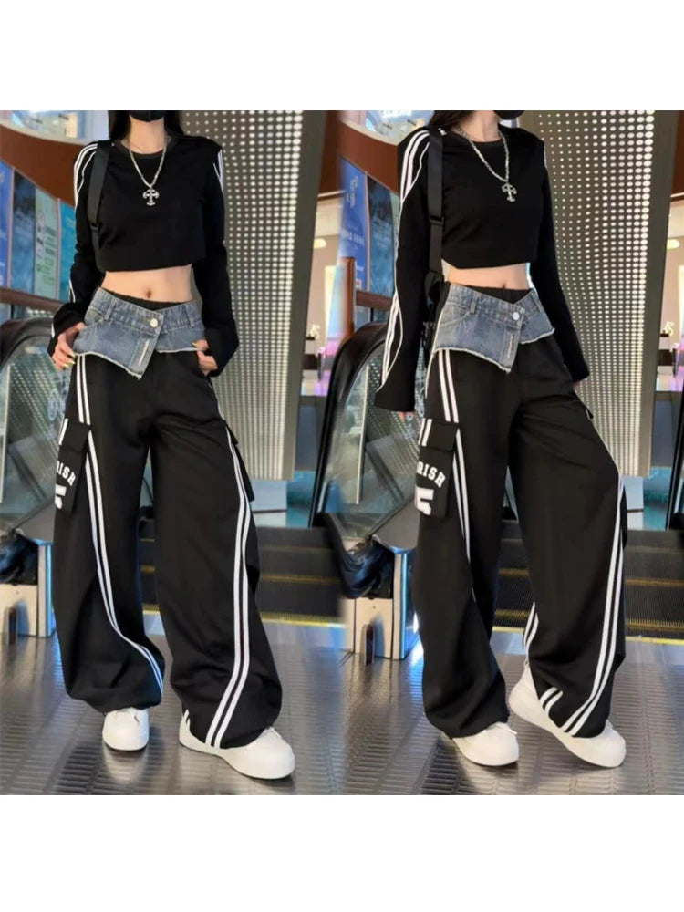 Women Black Gothic Pants with Skirt Baggy Emo Parachute Pants Harajuku Japanese 2000s Style Y2k Vintage Trousers Fashion Clothes