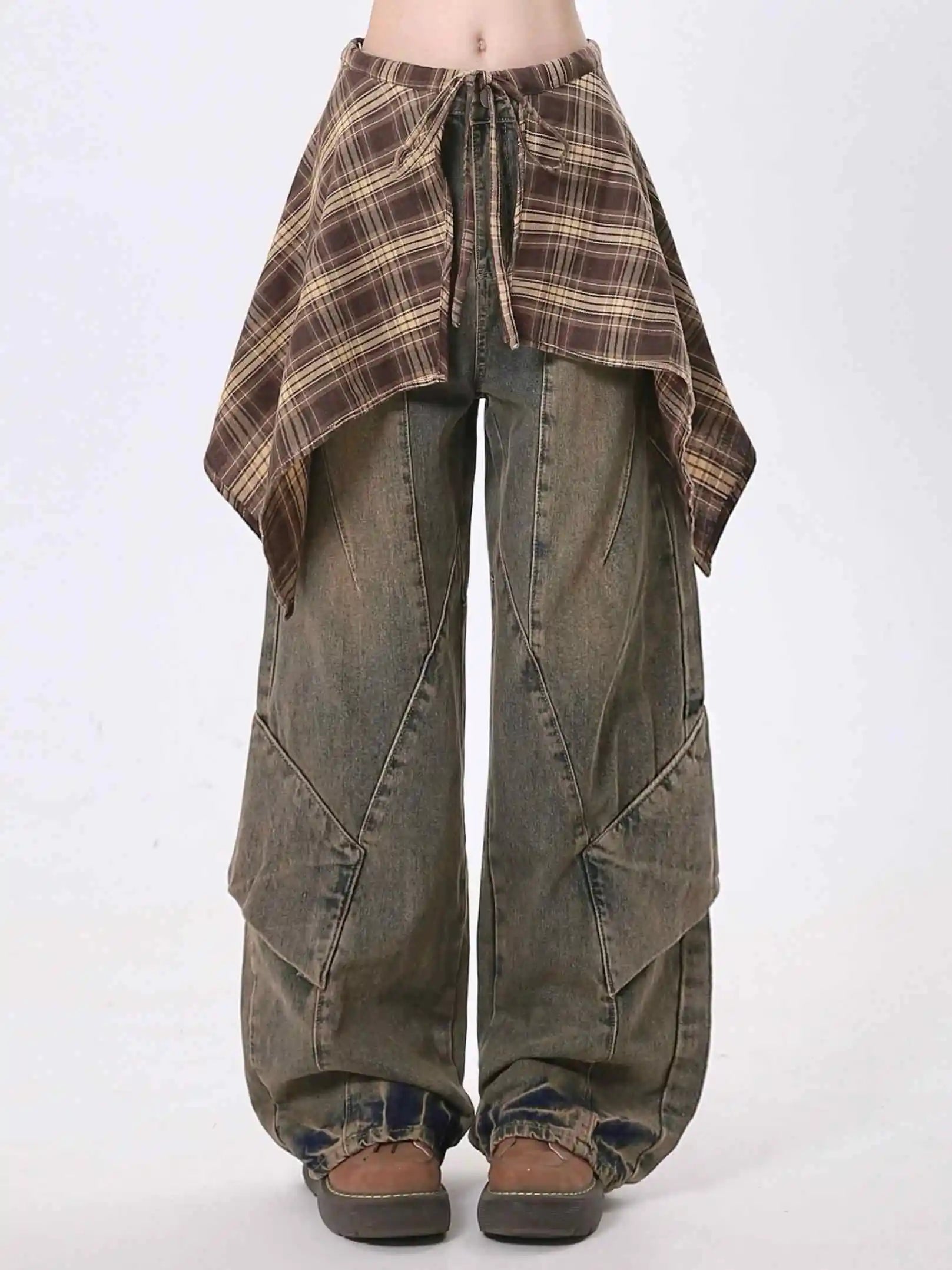 Women Blue Y2k Jeans with Skirt Harajuku Vintage Baggy Denim Trousers Japanese 2000s Style Oversize Jean Long Pants Clothes New